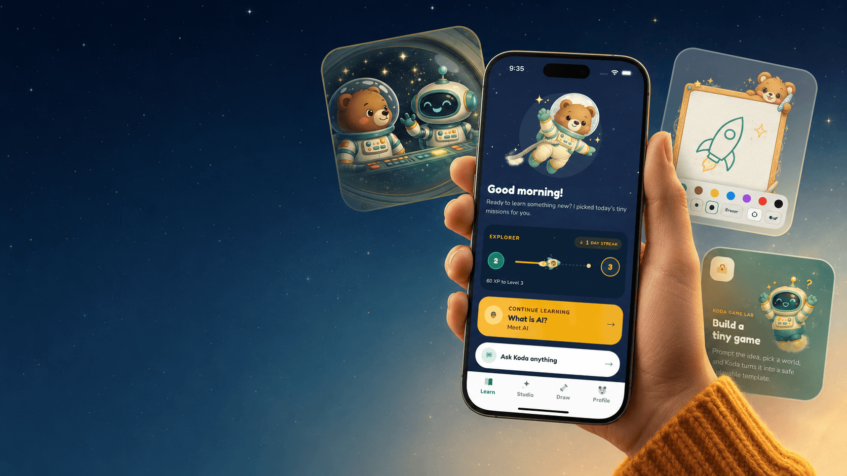 A hand holding a phone open to Koda, with feature cards for lessons, drawing, and game building